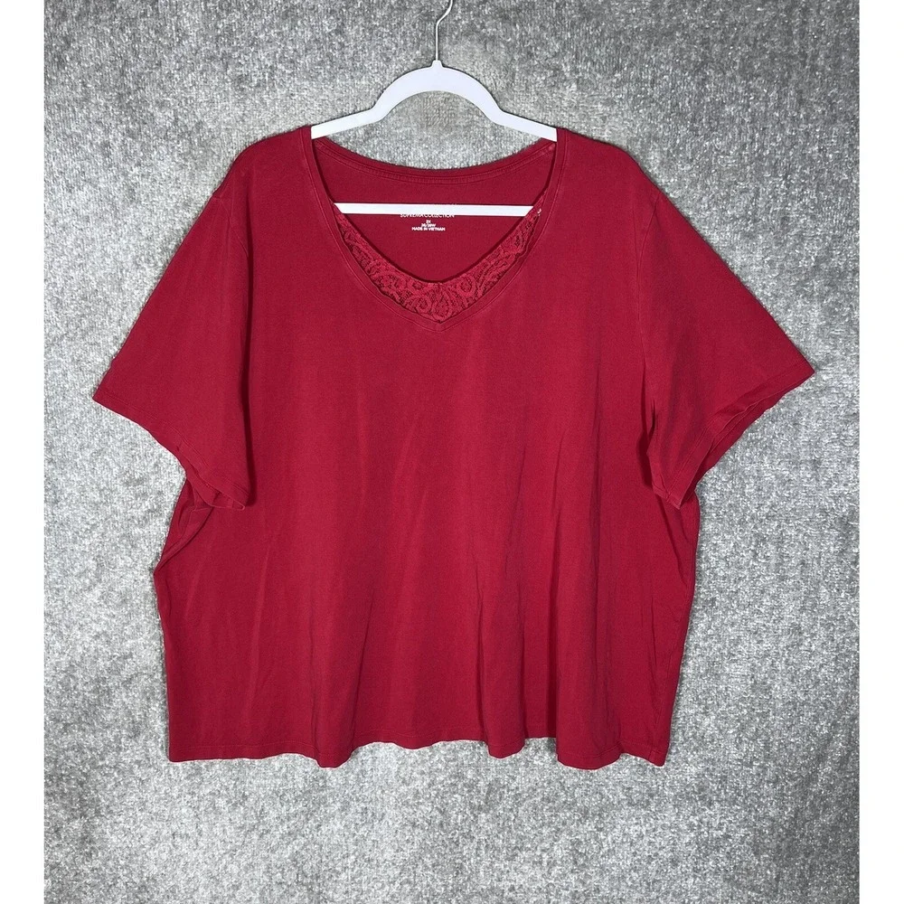 Catherines Top Womens Size 3X 26/28W Red Lace V-Neck Short Sleeve Stretch Shirt